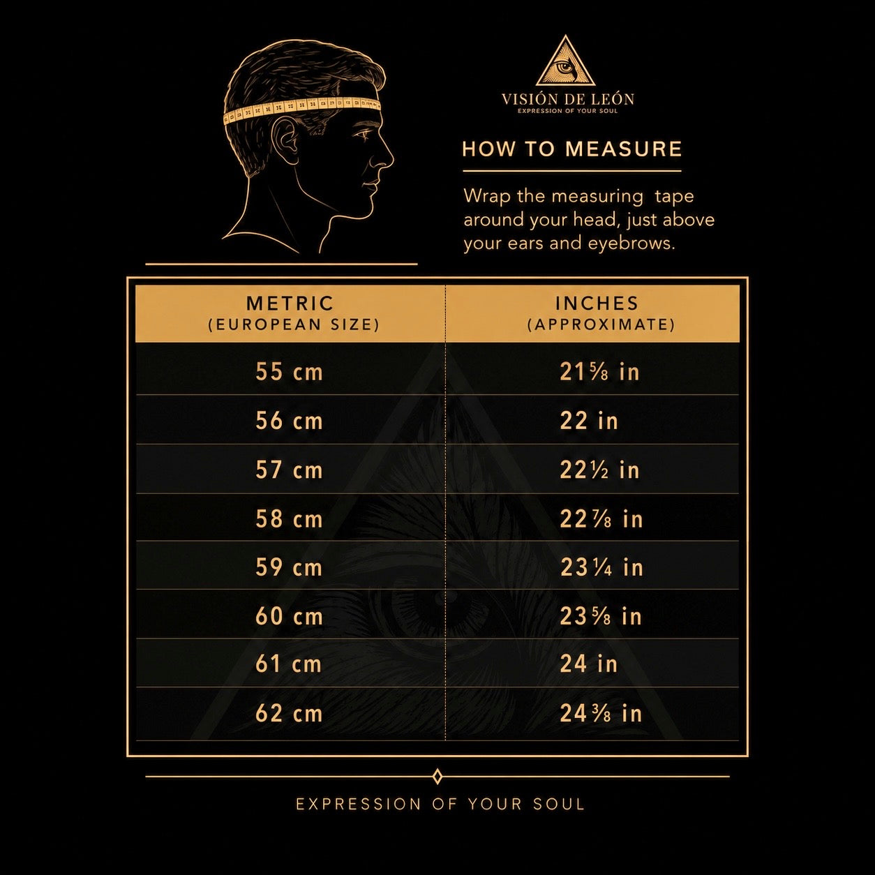 Black-and-gold Visión de León head-measuring illustration and European crown size chart, 55–62 cm. Text measurements are available below.